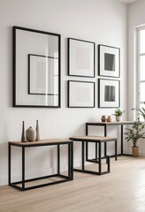 Minimalist Modern Interior Design with Wooden Tables and Black Frames