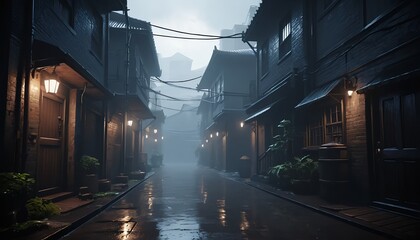 Obraz premium Mysterious Rainy Alleyway in Asian City at Night