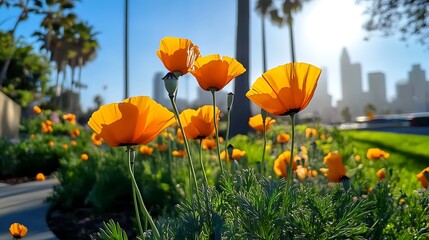 Vibrant Orange Poppies Blooming in Sunny City Park AI Generated