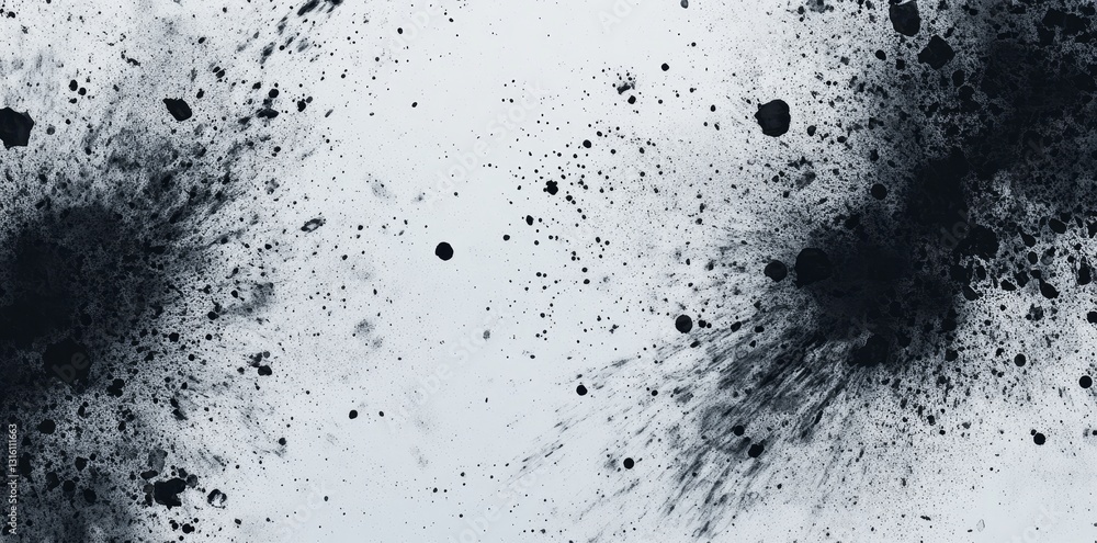 Poster dynamic grunge texture is formed by black ink splattering across a white surface for use in graphic 