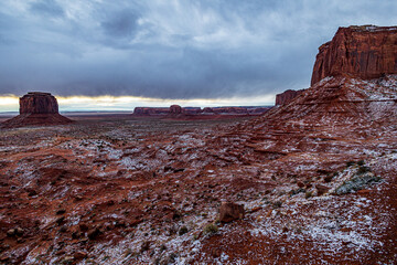 Light snow in the early morning at Monument Valley.