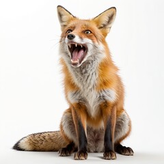 Fototapeta premium Red Fox Sitting, Yawning, White Background