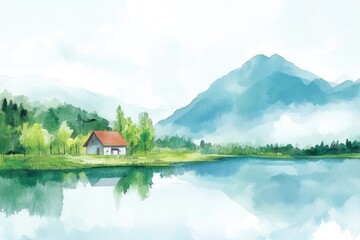 Obraz premium Soft pastel tones and delicate brushstrokes depict a serene spring landscape with lush trees, a tranquil lake, and a quaint cottage set against majestic mountains