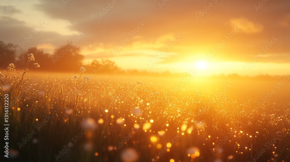 Poster soft rays of morning light pierce the misty landscape, casting a warm glow over a field adorned with