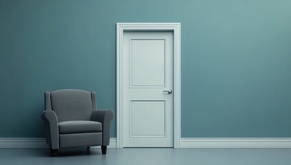 Gray armchair near a closed white door in a teal room.