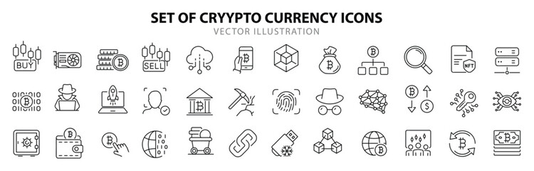 Cryptocurrency set of web icons in line style. Crypto technology and Blockchain icons for web and mobile app. Crypto currency, bitcoin, NFT, technology, decentralized finance, encryption, token