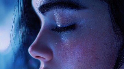 Close-up profile of a young woman's face, eyes closed, skin glistening in blue light.