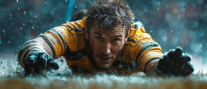 Intense rugby play stadium sports photography rainy environment close-up view action and determination - Powered by Adobe