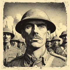 A black and white raster illustration of a military sergeant World War Veteran Soldier with a mustache is generated using ai for a fictional character, and the image is rendered in a scratch board