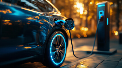 Electric vehicle charging with blue energy glow, symbolizing sustainable mobility and clean energy transition.