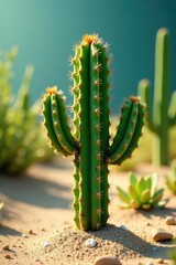 Naklejka premium Cactus grows in sandy soil with greenery around, plant life, arid land, desert bloom