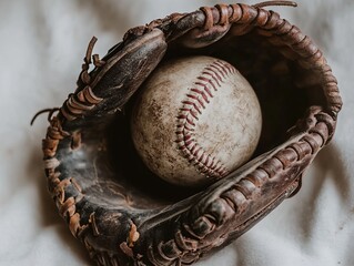 Fototapeta premium Worn vintage baseball glove with ball on white background