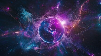 Obraz premium Futuristic Earth-centered network with glowing crypto nodes and IoT connections, symbolizing global digital connectivity.