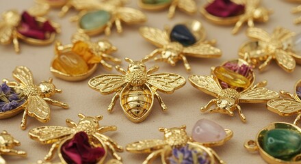 Golden Bee Charms Embellished with Colorful Stones and Flower Petals