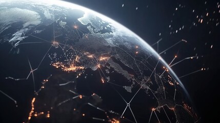 Futuristic Earth-centered network with glowing crypto nodes and IoT connections, symbolizing global digital connectivity.