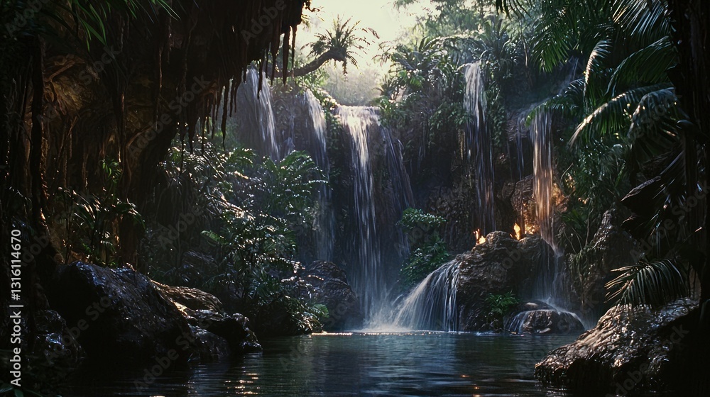 Poster lush jungle waterfall cascading into a tranquil pool, sunlight filtering through the canopy, illumin