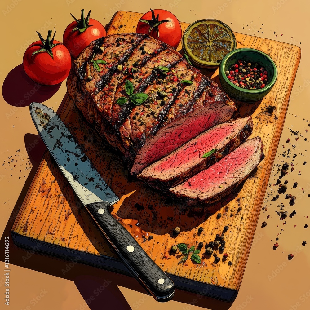 Wall mural the image features a grilled steak garnished with rosemary herbs, exemplifying a classic culinary pr