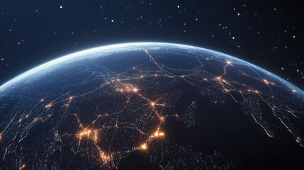 Obraz premium Futuristic Earth-centered network with glowing crypto nodes and IoT connections, symbolizing global digital connectivity.