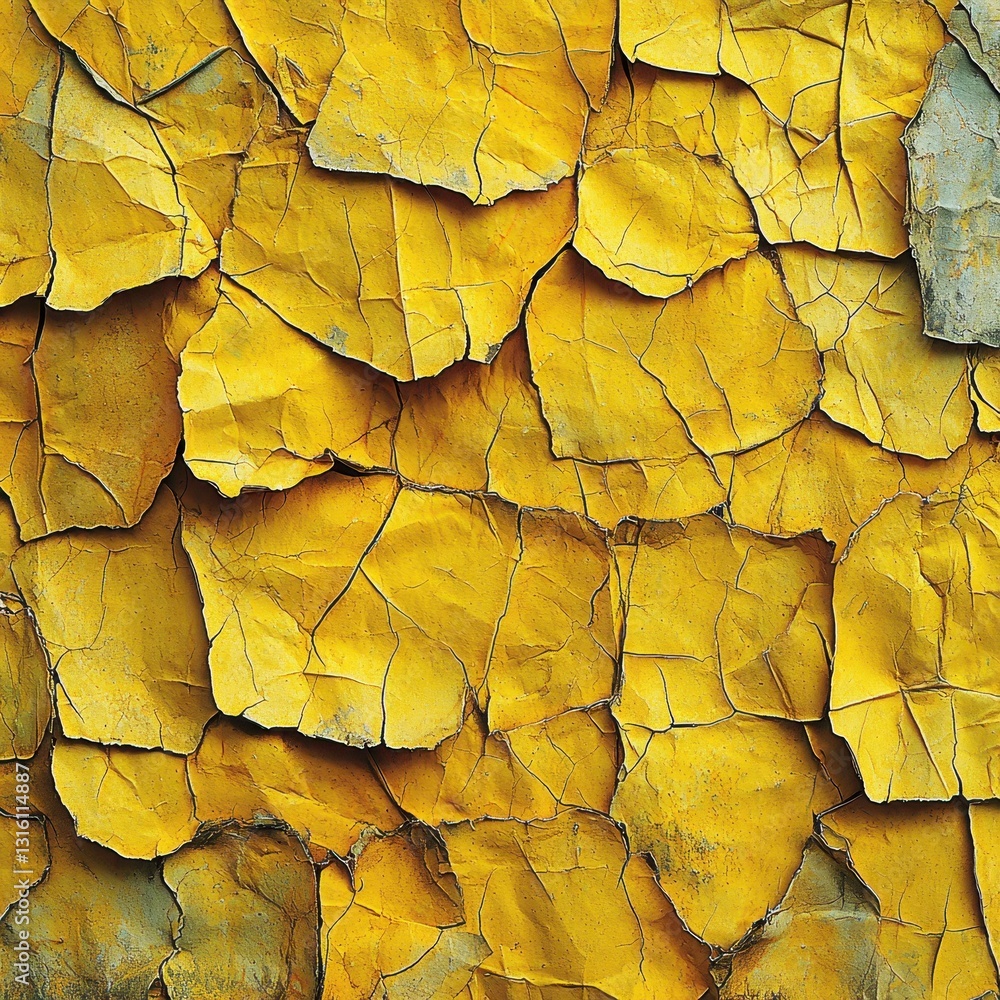 Poster a close-up view of vibrant yellow paint peeling away from a textured wall, revealing layers of faded