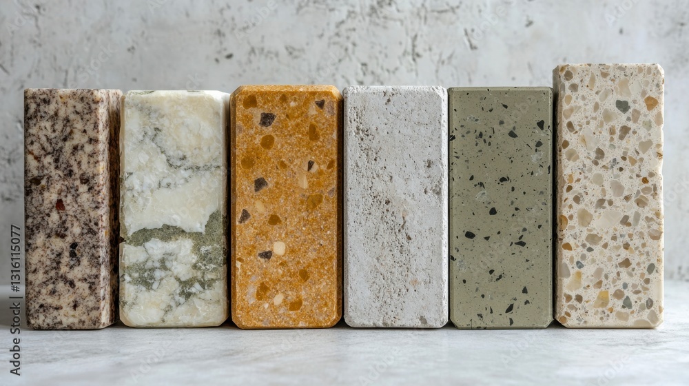 Poster five rectangular samples of speckled terrazzo in varying colors are displayed against a light gray b