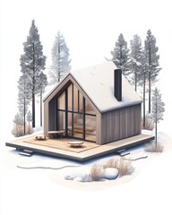 cabin architecture, timber architecture material isolated white background isometric view