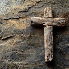 Good friday blessings, Rustic wooden cross on textured stone background, symbolizing faith and spirituality, suitable for religious themes.