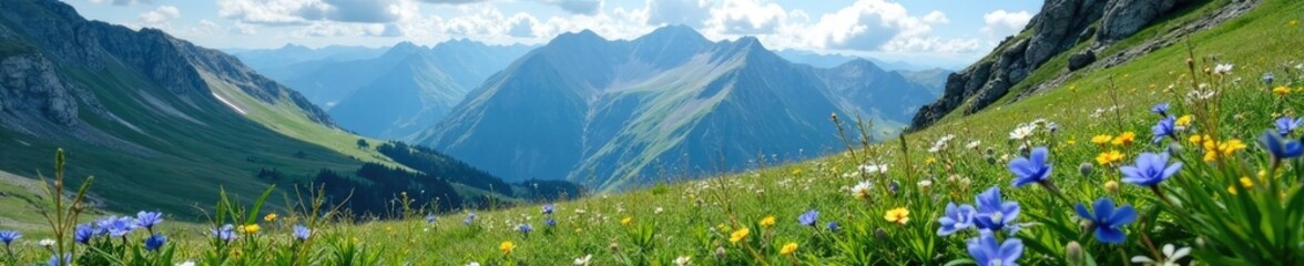 Alpine meadow with blue gentian flowers blooming on steep terrain, mountain, mountainous terrain