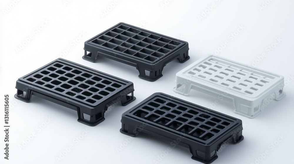 Poster four plastic pallets in black and white are arranged on a white background. the pallets are small an