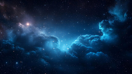Fototapeta premium Deep Space Nebula With Glowing Blue Clouds Interstellar Dust And Bright Stars In The Dark Night Sky Cosmic Background For Space Exploration