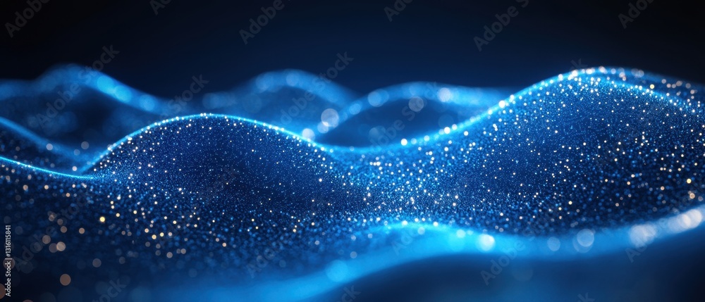 Poster abstract shimmering blue wave background with sparkling light particles for modern technology design