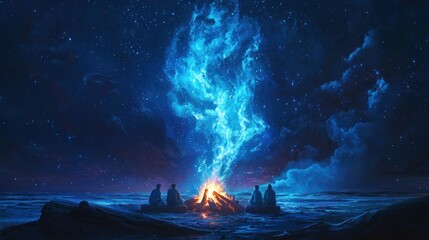 Mystical campfire with blue flames under starry night sky.