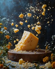 cheese hitting the wood and small pieces of it flying into the air