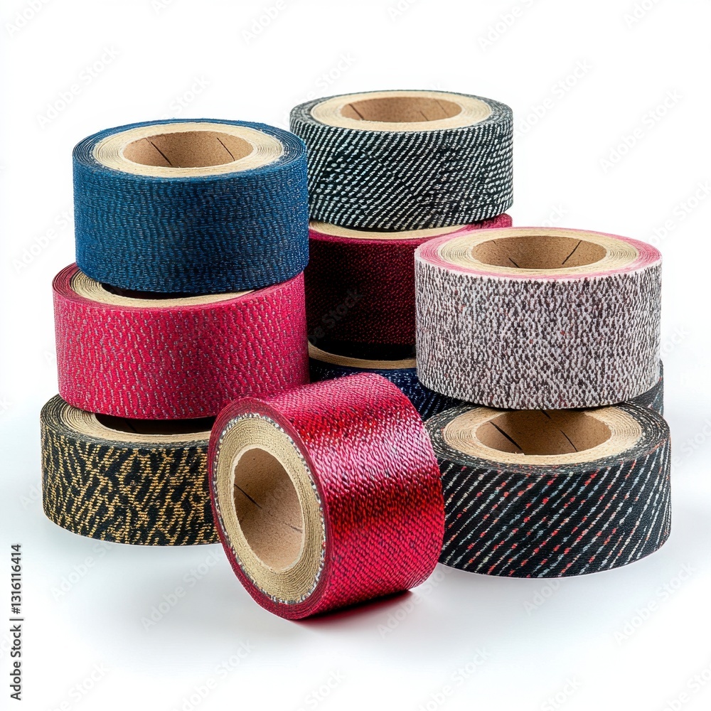 Poster stack of glittering rolls of decorative tape in various colors and patterns on a white background. c