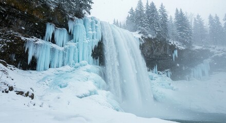 Frozen Waterfall Landscape with Icicles and Snow-covered Trees in Winter
