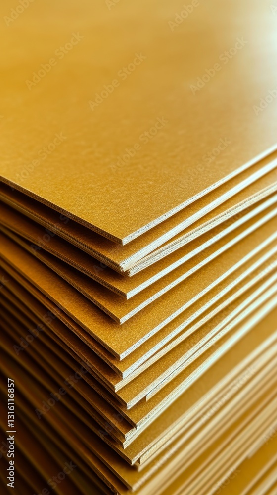 Poster close up view of a stack of golden brown cardboard sheets, showcasing the texture and layered struct
