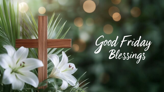 Good friday blessings, Easter greeting with cross, decorated with white lilies and soft green bokeh background, perfect for seasonal messages.