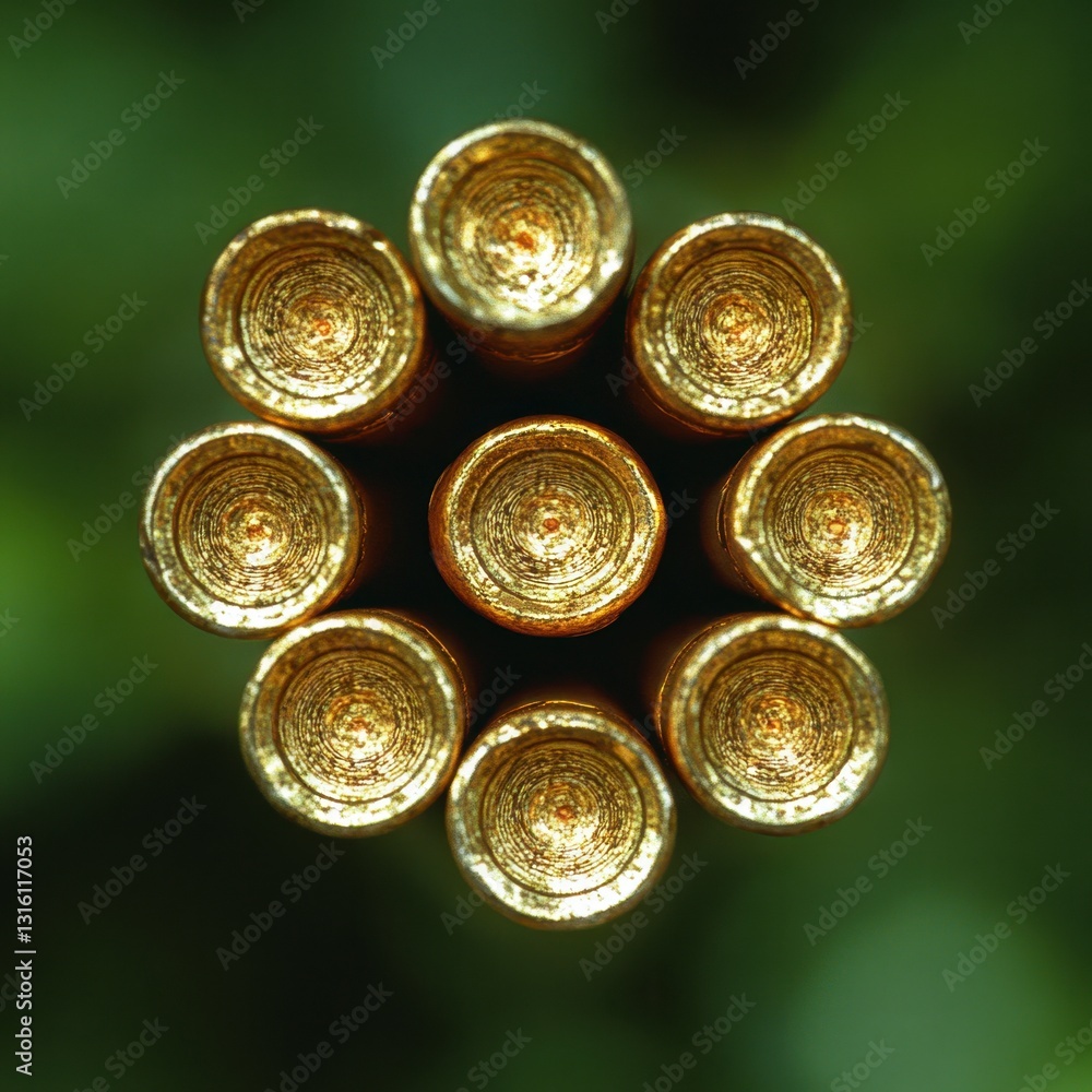 Poster overhead close up shot of ten golden bullet casings arranged in a circular pattern against a blurred