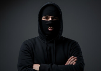 Mysterious Figure in Black Hoodie and Balaclava: A Study in Shadow and Secrecy