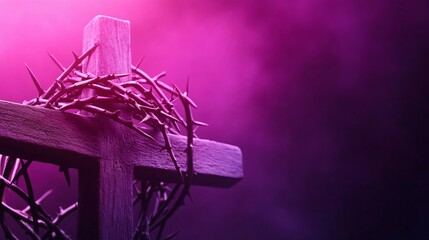 Good friday blessings, Illuminated cross with vibrant pink and purple lighting, strong thematic presence of spirituality and reflection, dramatic atmosphere.