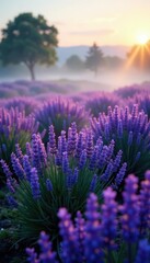Fototapeta premium Gentle morning mist caresses the delicate petals of a vast sea of purple lavender, landscape, green