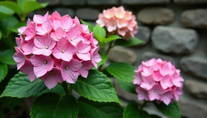 Gentle pink hue of hydrangeas against stone wall, spring, garden fence, nature