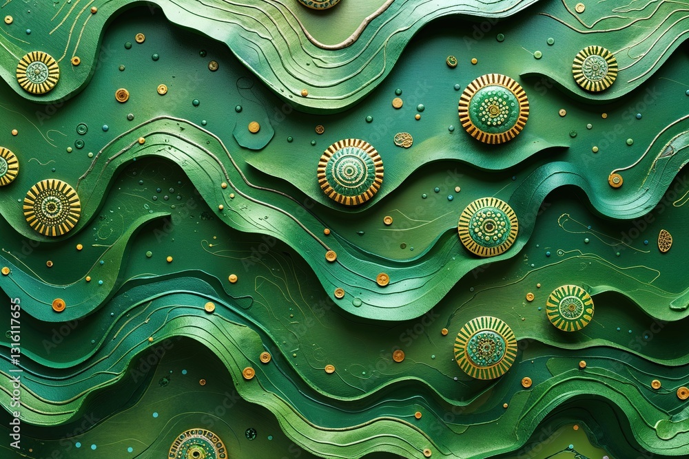 Aufkleber textured green background with wavy lines and patterned circles design