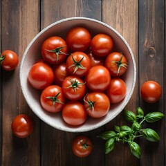 Bowl of Fresh Ripe Tomatoes and Basil on Rustic Wooden Background