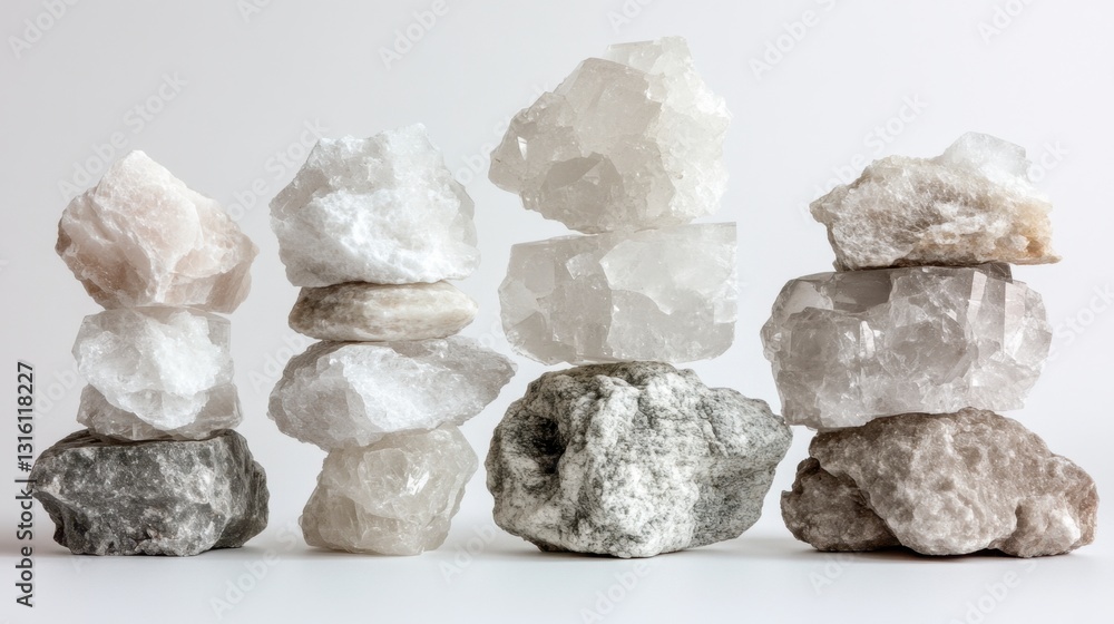 Poster five stacks of various sized and colored salt crystals arranged in a row against a white background.