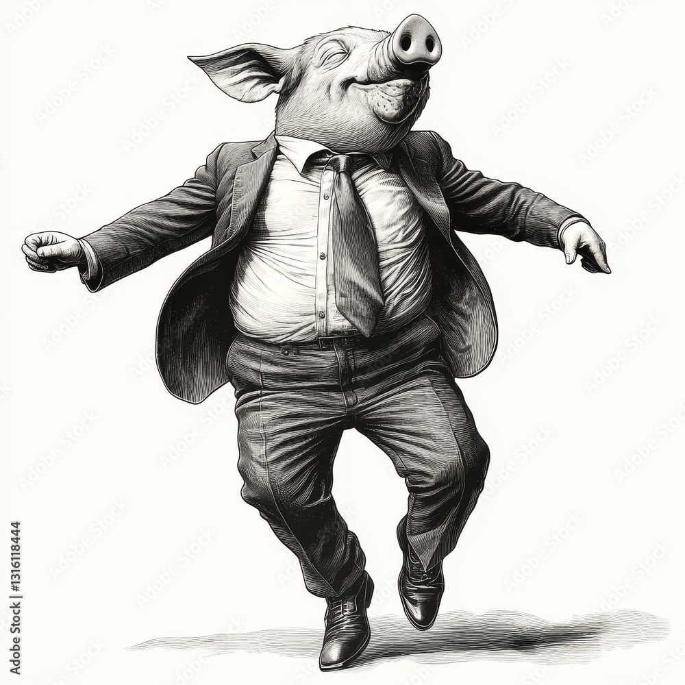 Wall mural a pig is shown dancing cheerfully on its hind legs, illustrated in an engraved, woodcut style with f