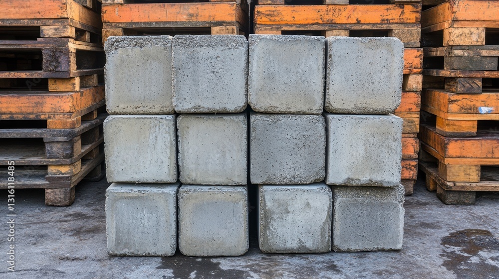 Poster Stack of gray concrete blocks in front of weathered orange wooden pallets outdoors. The image shows a neat arrangement of concrete blocks against a background of used shipping pallets.