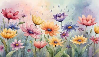 Watercolor Rain Shower on Colorful Flowers