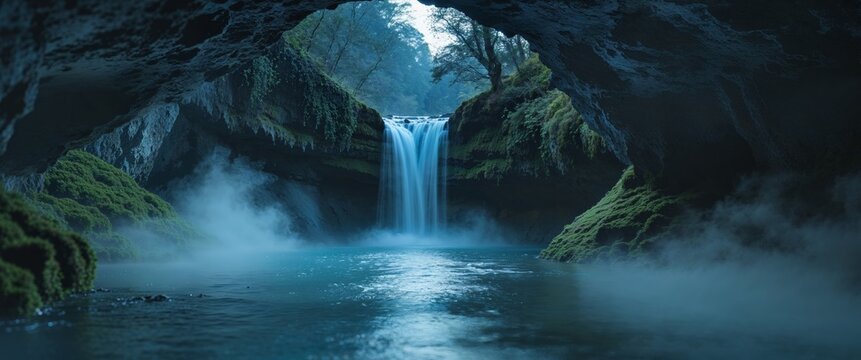 Mystical blue waterfalls cascading in a tranquil cave at twilight.