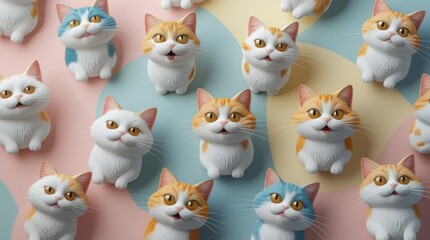 a whimsical set of humorous cats with varying facial expressions and quirky poses, scattered playfully across a soft, serene pastel background featuring calming hues of pale pink, baby blue, and cream