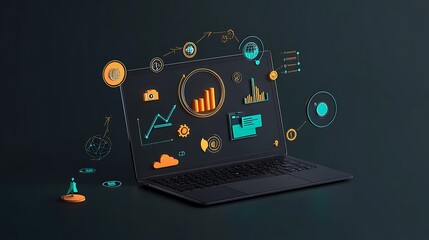 Data Visualization on Laptop: 3D Render of Digital Analytics Dashboard AI Generated